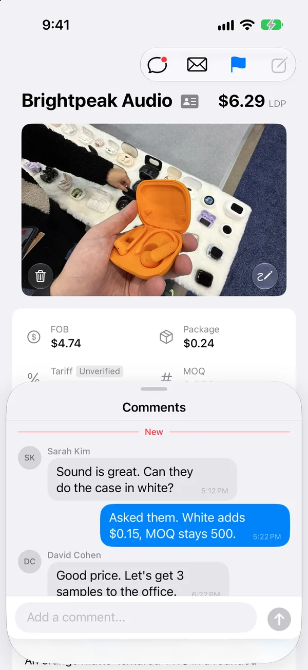 Comment thread between teammates on a product