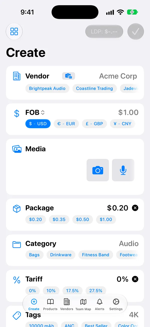 Create screen with vendor, FOB, media, package, category and tariff fields
