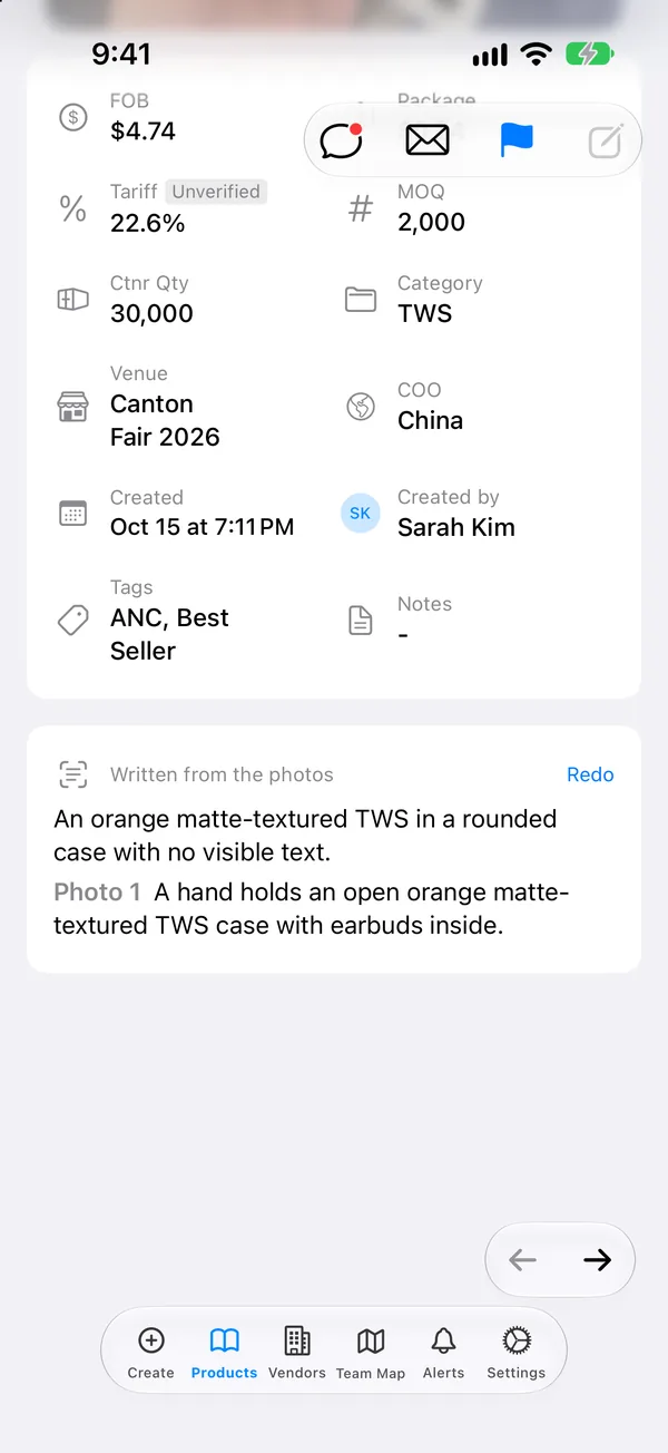 Product page with a description written from the photos