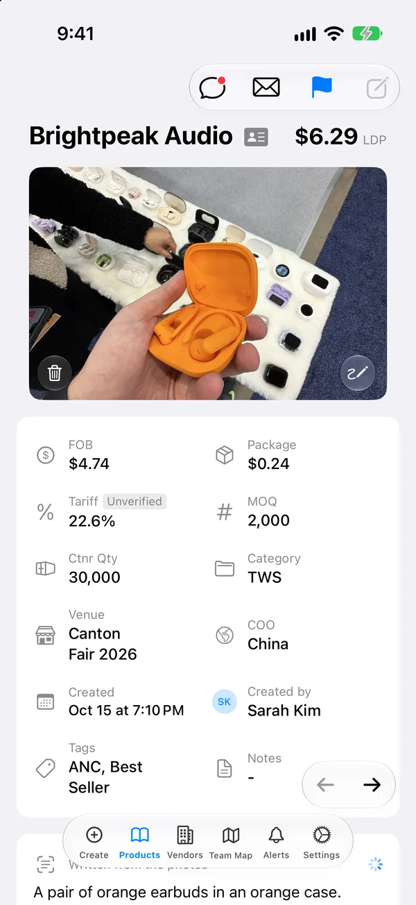 Product page with FOB, MOQ, tariff and landed cost