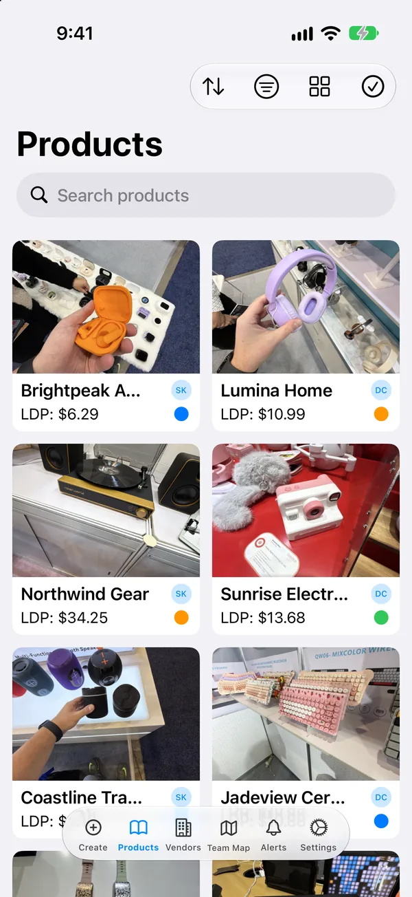 Products catalog in a photo grid with landed cost