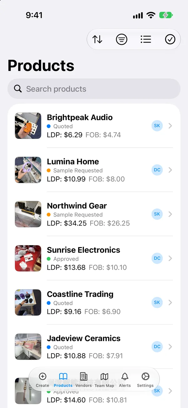 Products in list view with vendor, status, LDP and FOB