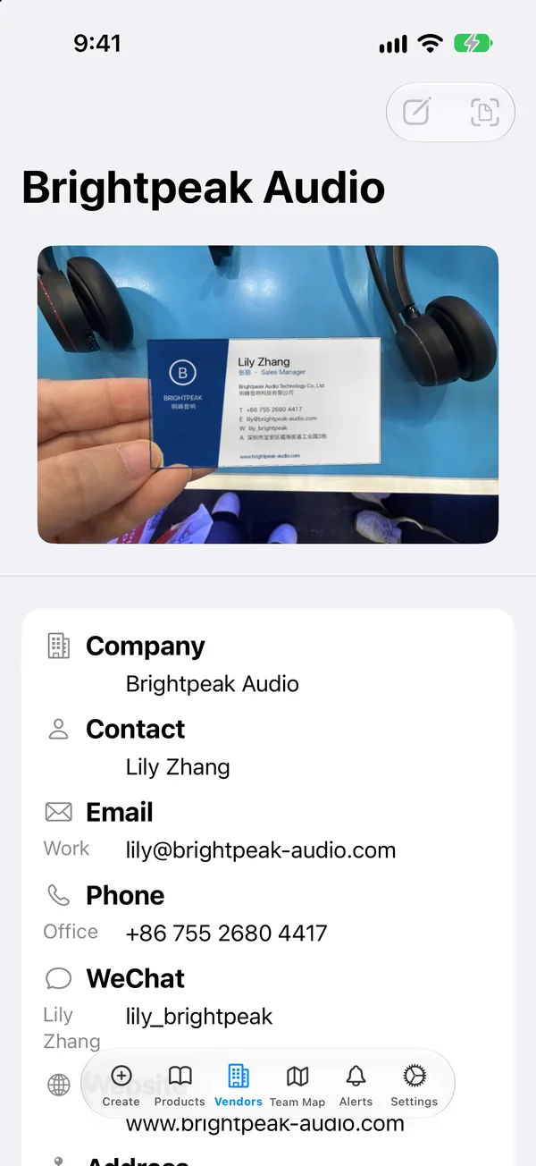 Vendor page filled from a scanned business card