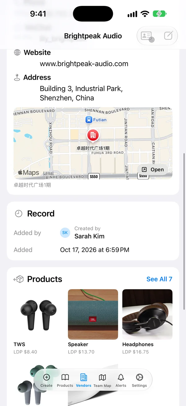 Vendor page with the factory on a live map and the vendor's products