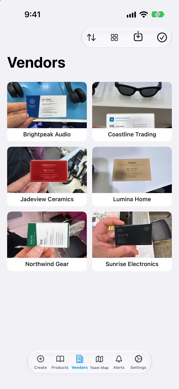 Vendors shown by their business cards